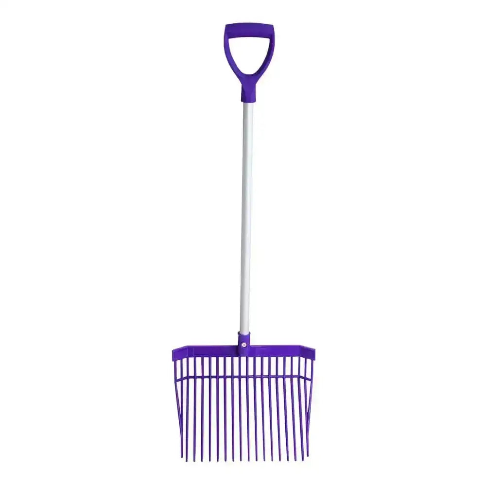 Red gorilla bedding fork short d-handle with purple plastic tines and white handle for easy bedding use