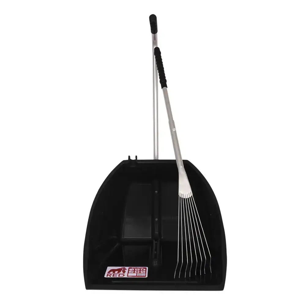 Black plastic dustpan with red gorilla big logo and attached long metal rake handle for easy cleaning gorilla tidee