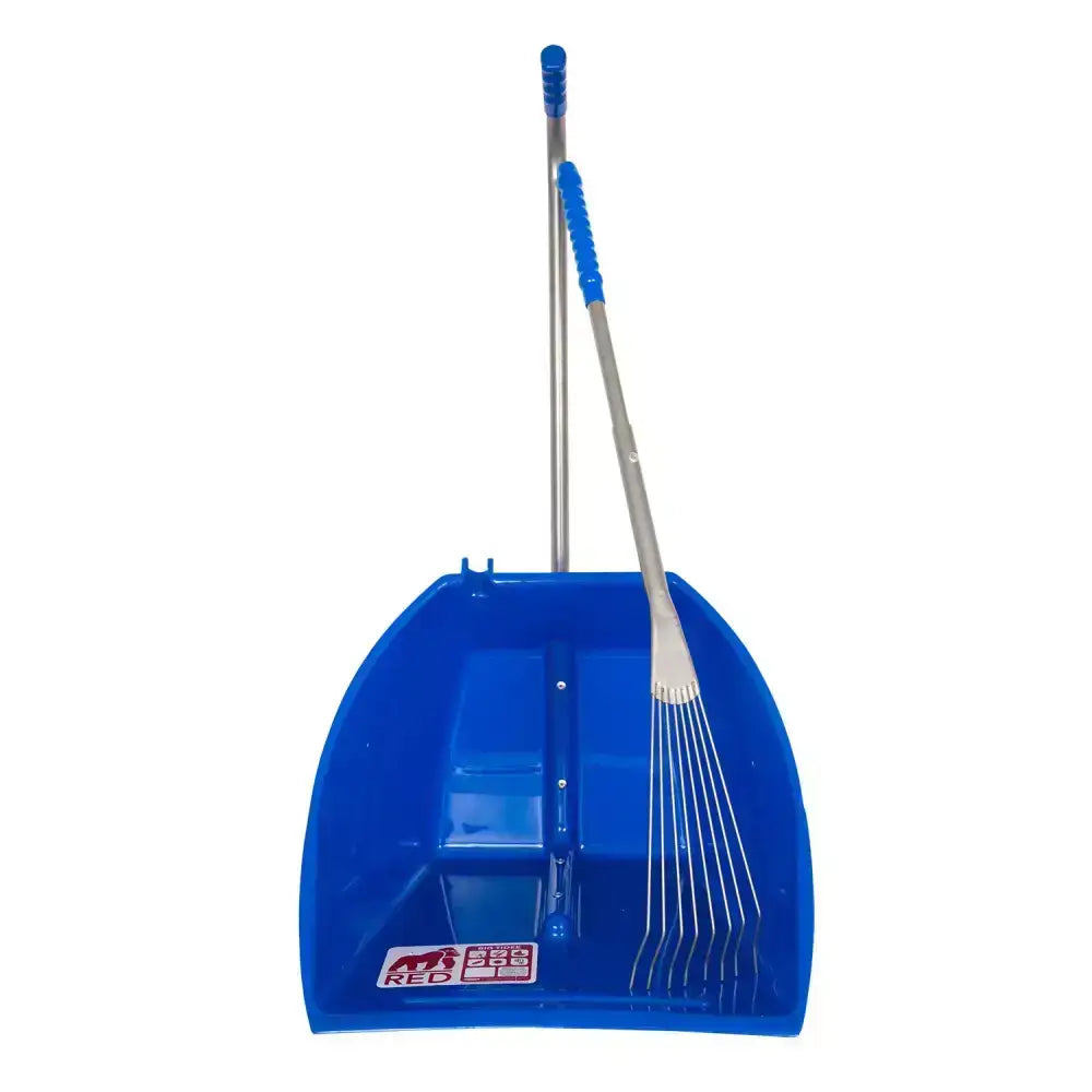 Blue plastic dustpan and long metal rake with red gorilla big tidee logo for easy outdoor cleaning tasks