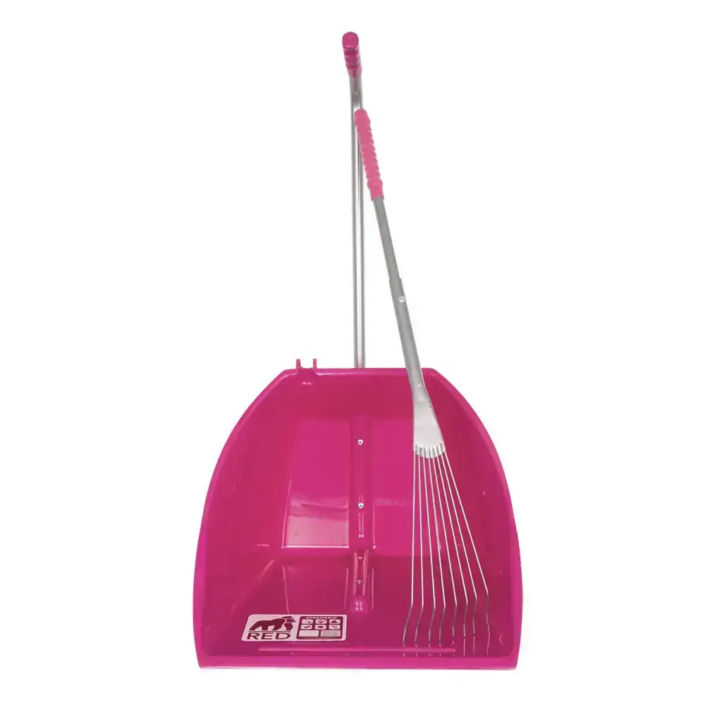Bright pink red gorilla big tidee dustpan with matching pink handle long metal rake and silver frame bristles