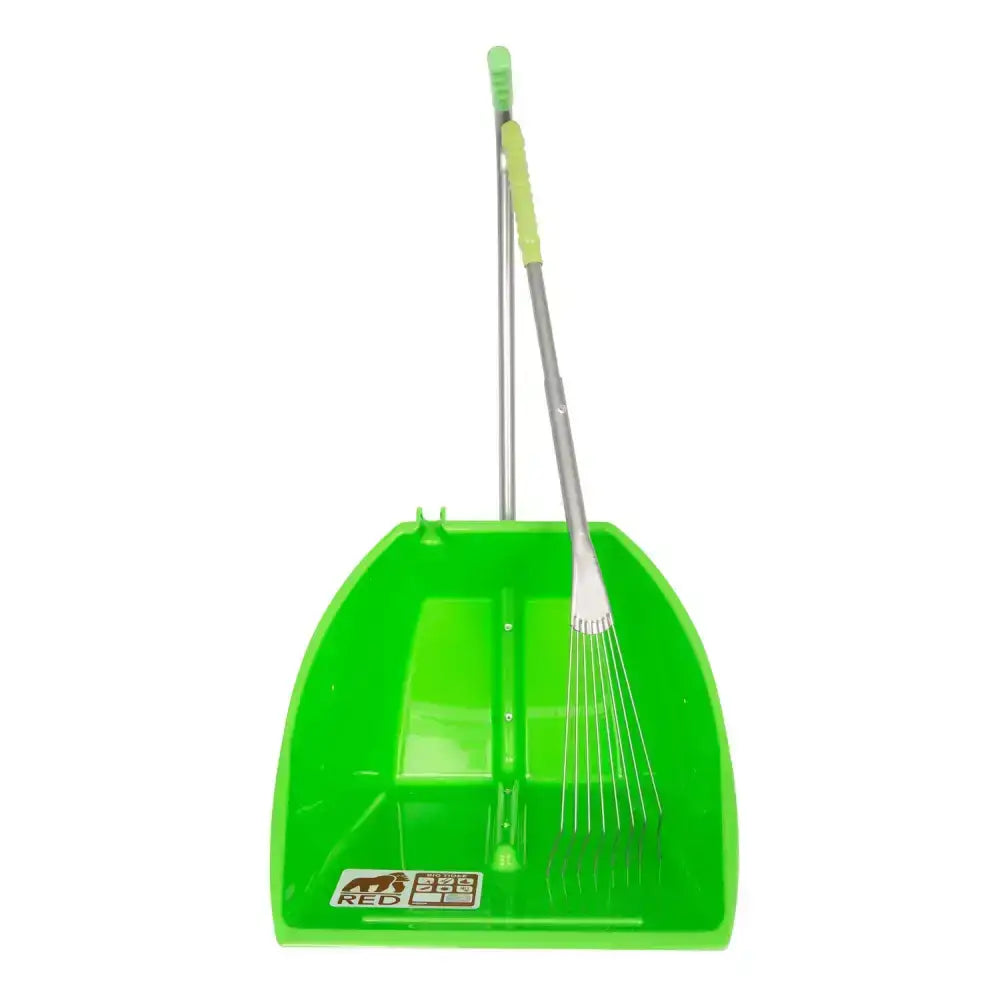 Bright green red gorilla big tidee with long metal rake featuring a lime green handle and silver metal rake inside