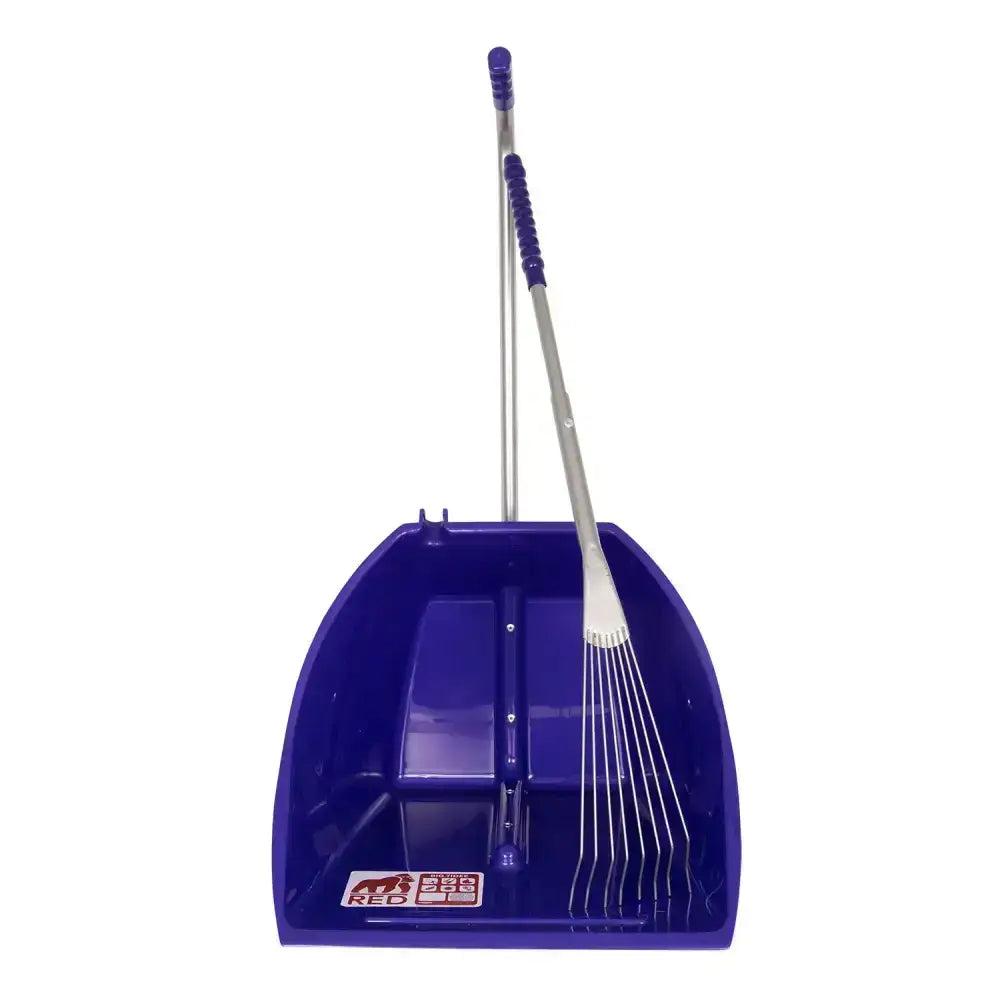 Red gorilla big tidee purple plastic dustpan with long metal rake featuring silver shaft and bristles for cleaning