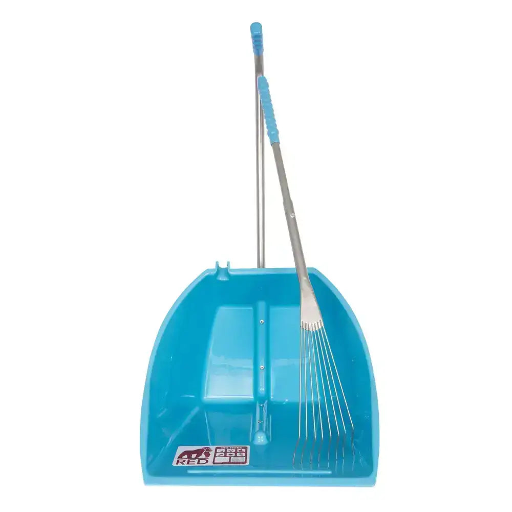 Blue plastic dustpan with matching handle and long metal rake inside from red gorilla big gorilla tidee set