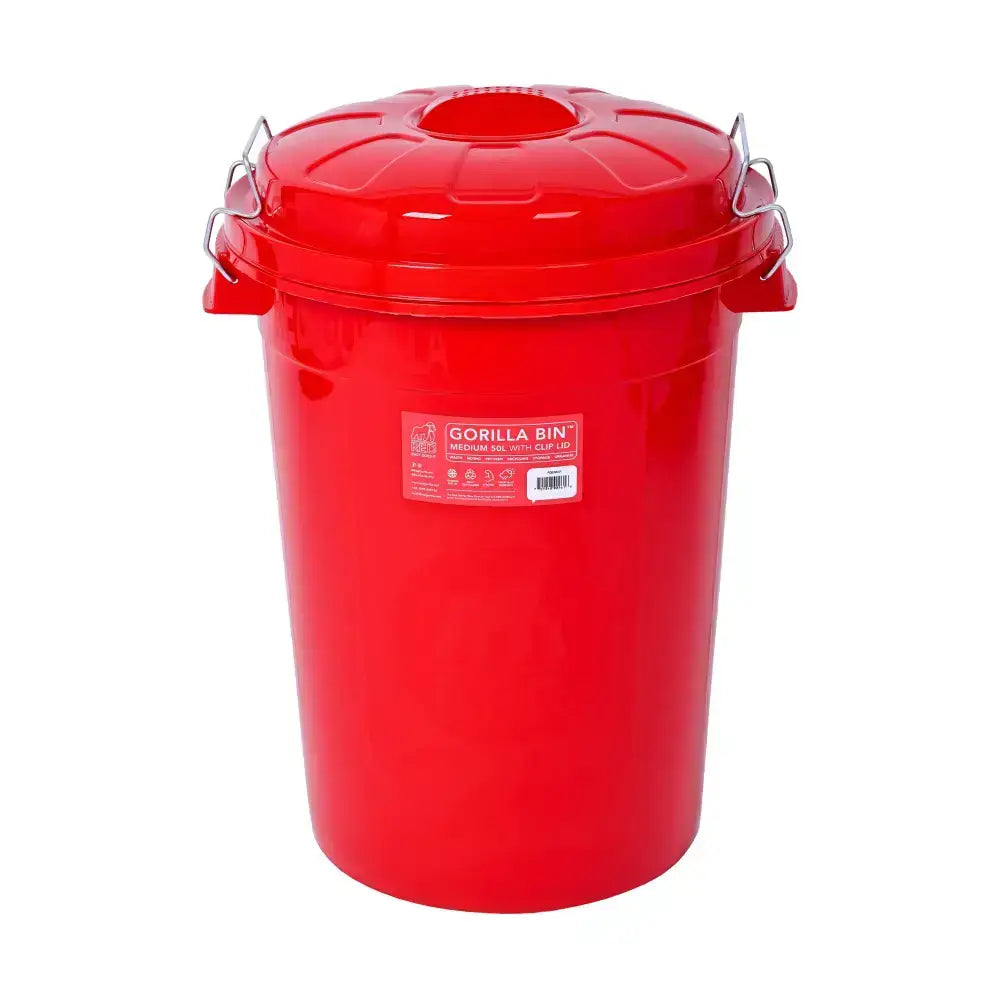Red gorilla bin with clip lid red made of plastic featuring metal handles for easy carrying and secure closure