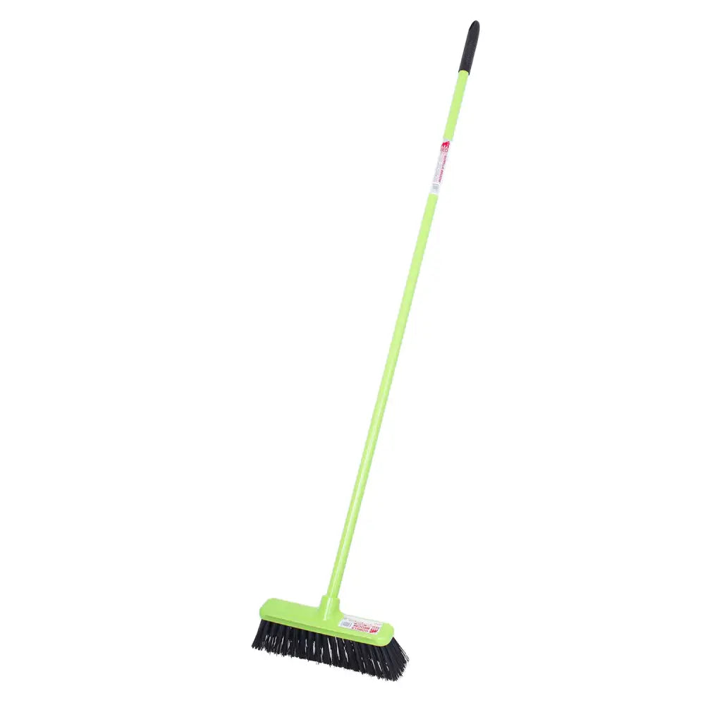 Lime green plastic handled gorilla broom 30cm with black bristles and grip featuring integrated scraper blade and unique features