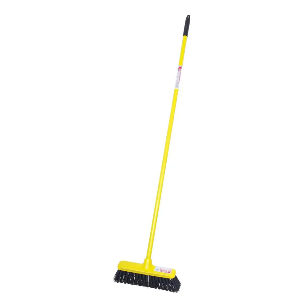 Yellow broom with black bristles and handle grip showing unique features of red gorilla broom 30cm with scraper blade