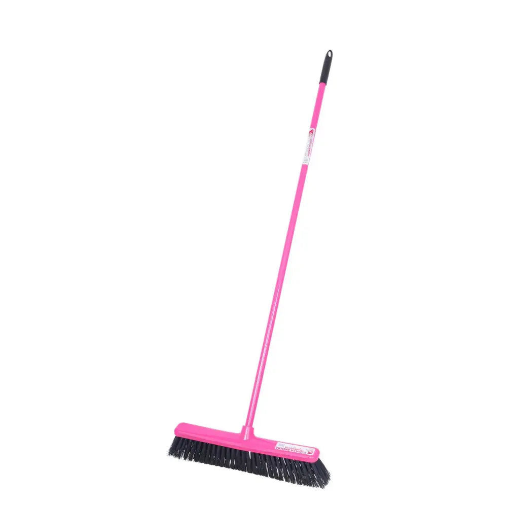 Red gorilla broom 50cm with pink broom head, black bristles, black handle grip, and integrated scraper blade unique features