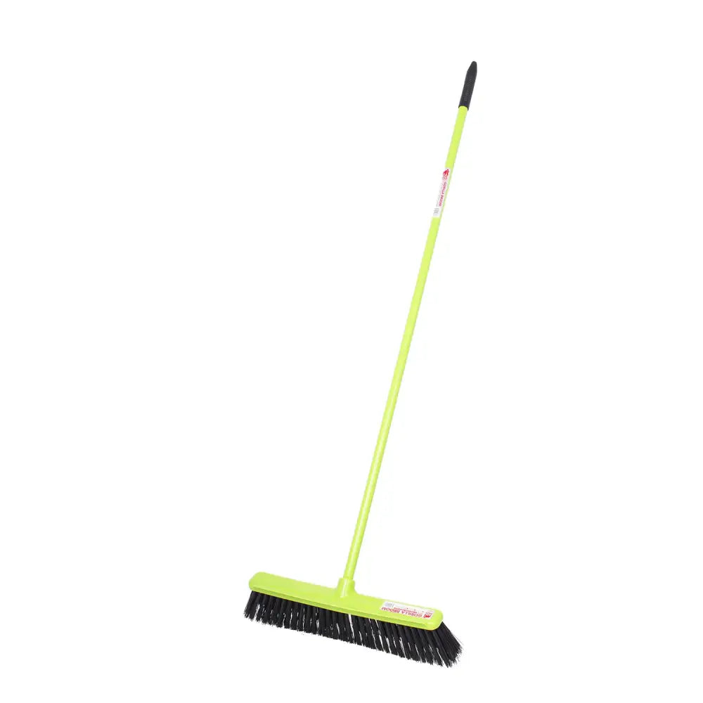 Bright lime green gorilla broom 50cm with black bristles and integrated scraper blade for easy cleaning tasks