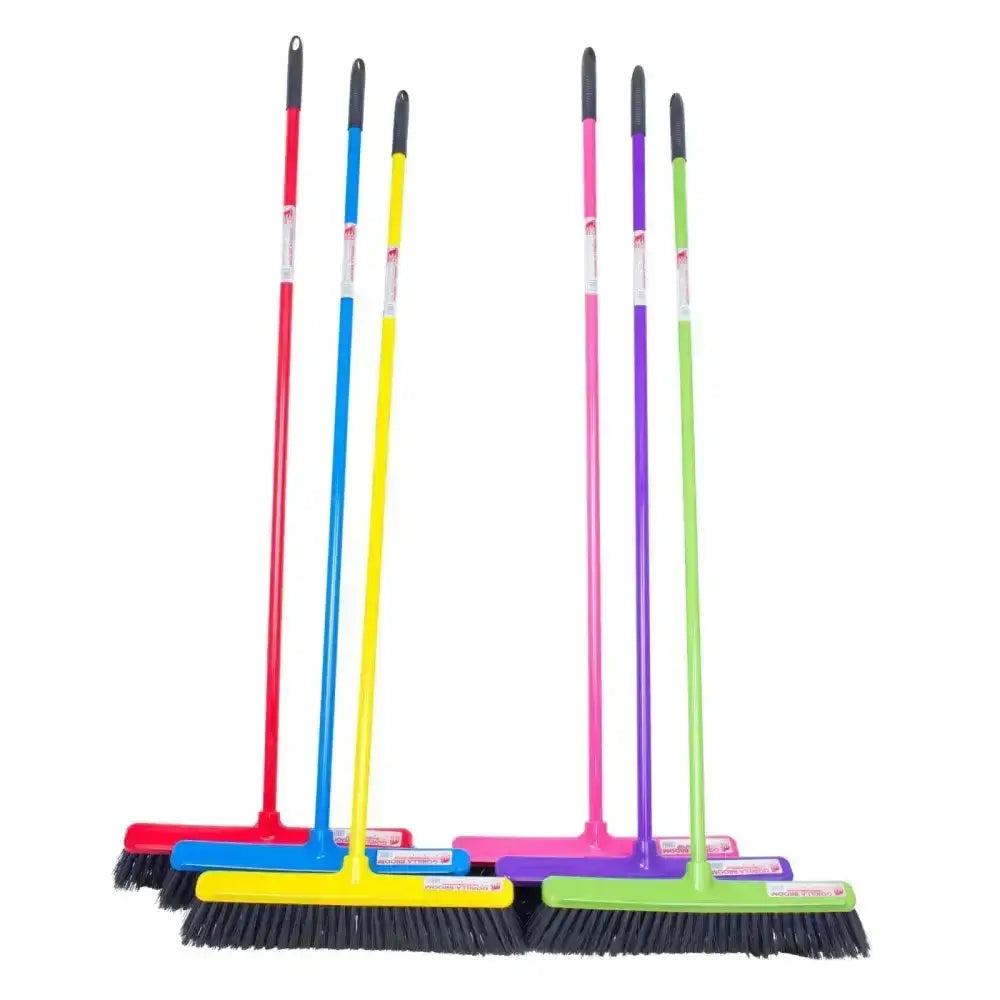 Set of colorful plastic-handled gorilla broom 50cm with black bristles and matching heads featuring unique features