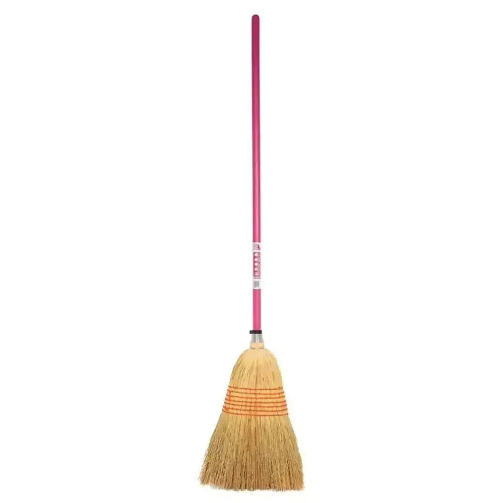 Red gorilla natural traditional corn broom with pink handle and natural straw head with orange stripes