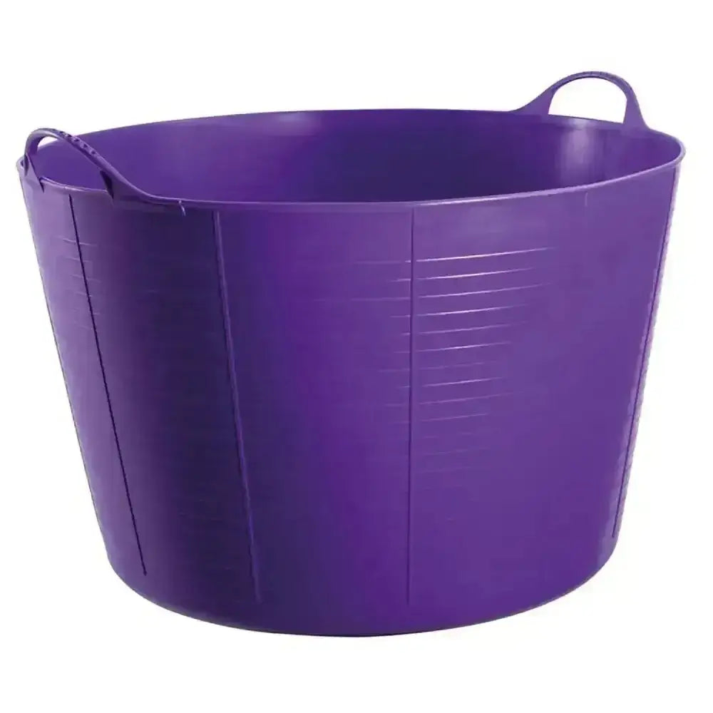Purple plastic storage tub with vertical ribbed texture and integrated handles for red gorilla flexible buckets 75l