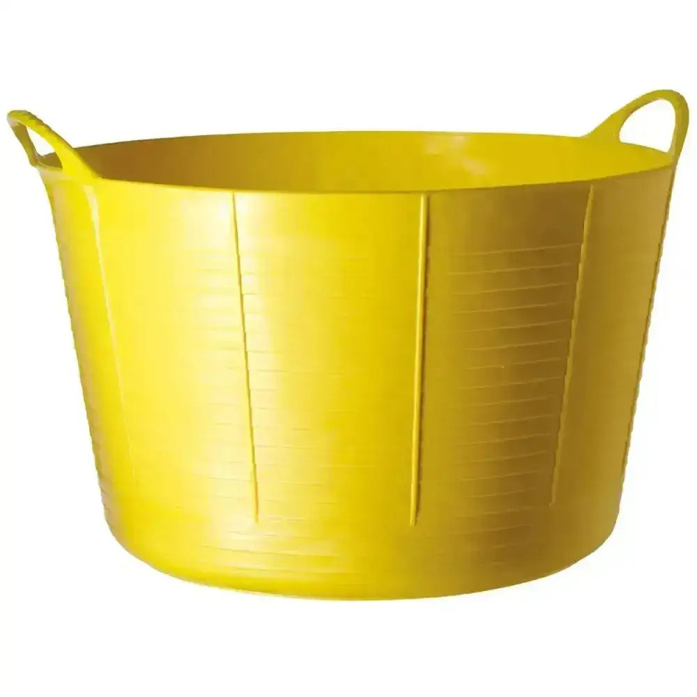 Bright yellow plastic red gorilla flexible bucket 75l with molded handles and ribbed sides for feed or water buckets 75l