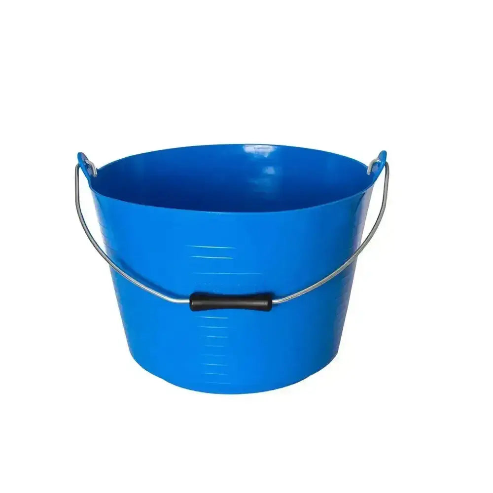 Bright blue gorilla flexible bucket featuring strong flexible plastic with silver metal handle and black rubber grip 22l