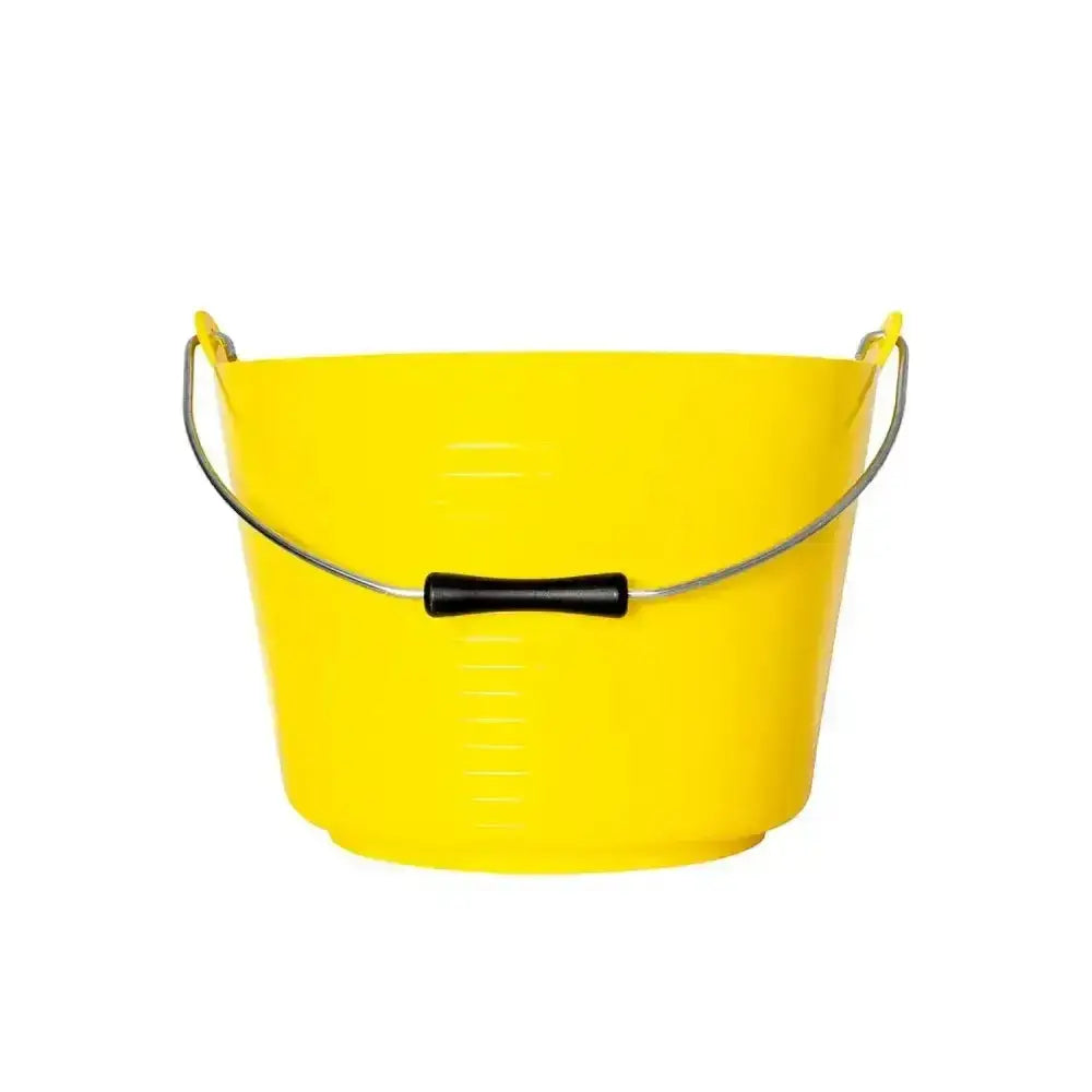 Bright yellow red gorilla flexible bucket featuring strong flexible plastic with black handle grip and metal wire handles