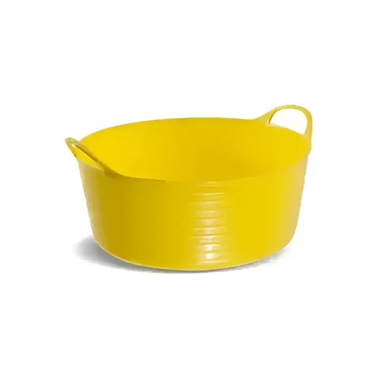 Bright yellow plastic red gorilla flexible shallow bucket 15l with two integrated handles for easy carrying