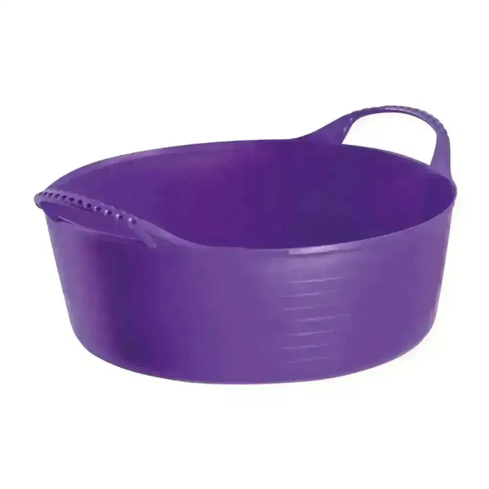 Purple plastic red gorilla flexible shallow bucket with single handle and textured side ridges for shallow feed bowls