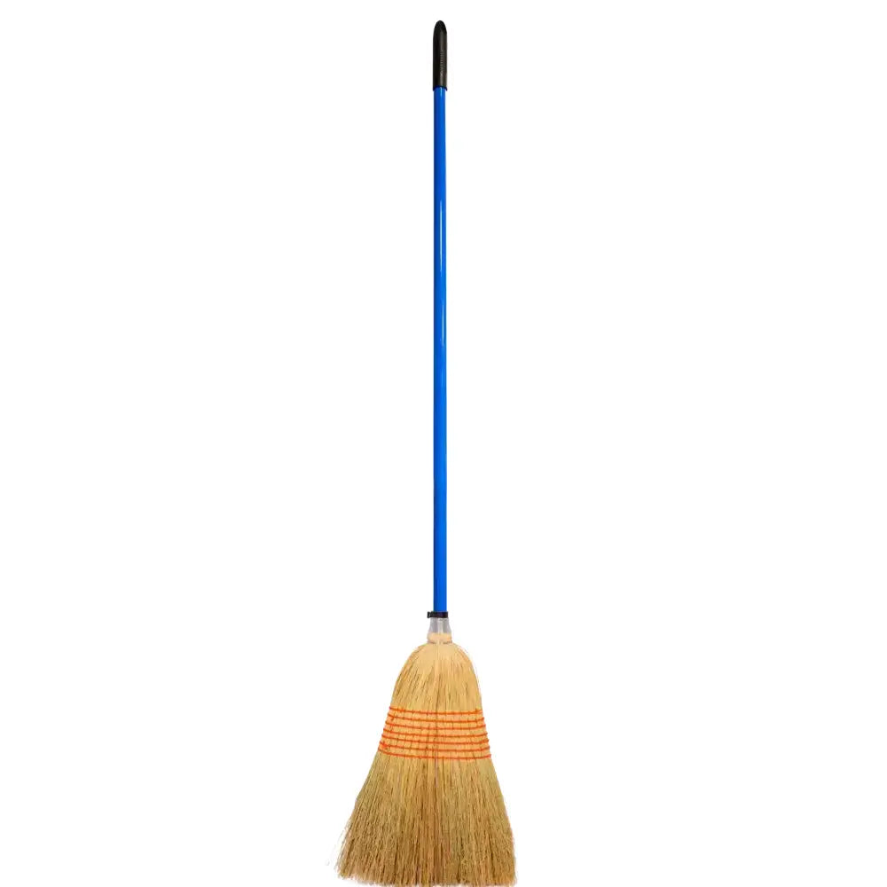 Blue-handled red gorilla mega corn broom with natural straw bristles and orange-striped bands for sweeping tasks