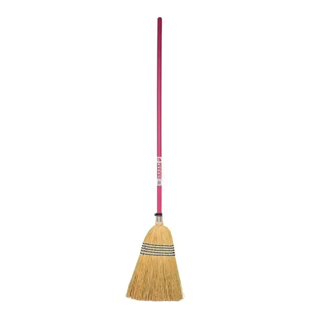 Red gorilla natural corn broom standard with a shaped head, natural tan bristles, and a bright pink handle with black stripes