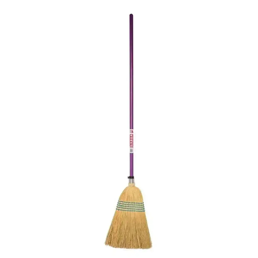 Red gorilla natural corn broom standard with purple handle natural straw bristles and green striped bands shaped head corn broom