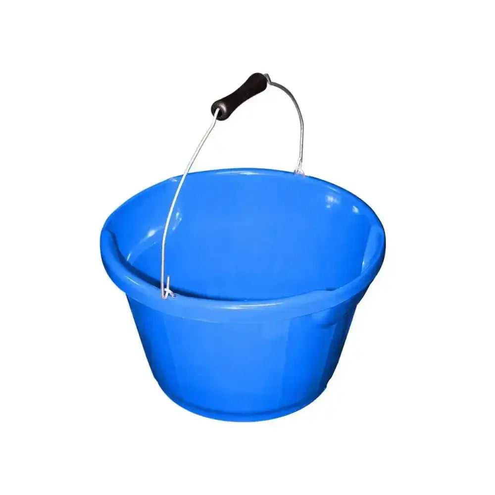 Bright blue red gorilla plas feed bucket with black metal wire handle made from recycled polymer coloured feed bucket