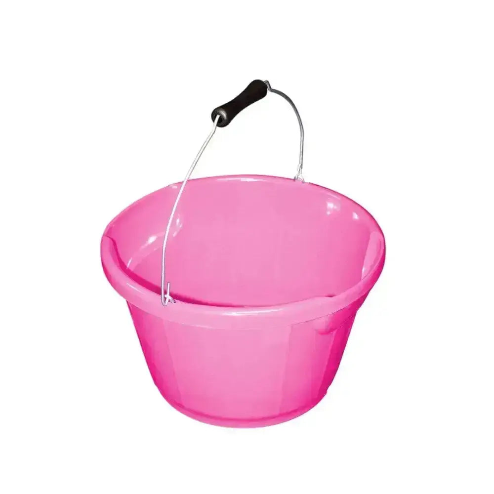 A bright pink red gorilla plas feed bucket made of recycled polymer with a black handled metal wire handle