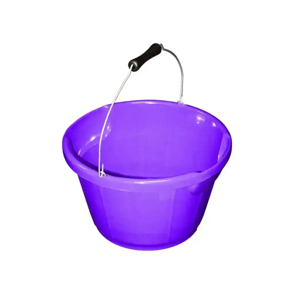 Purple coloured feed bucket made of recycled polymer with black handled metal wire, similar to red gorilla plas feed bucket