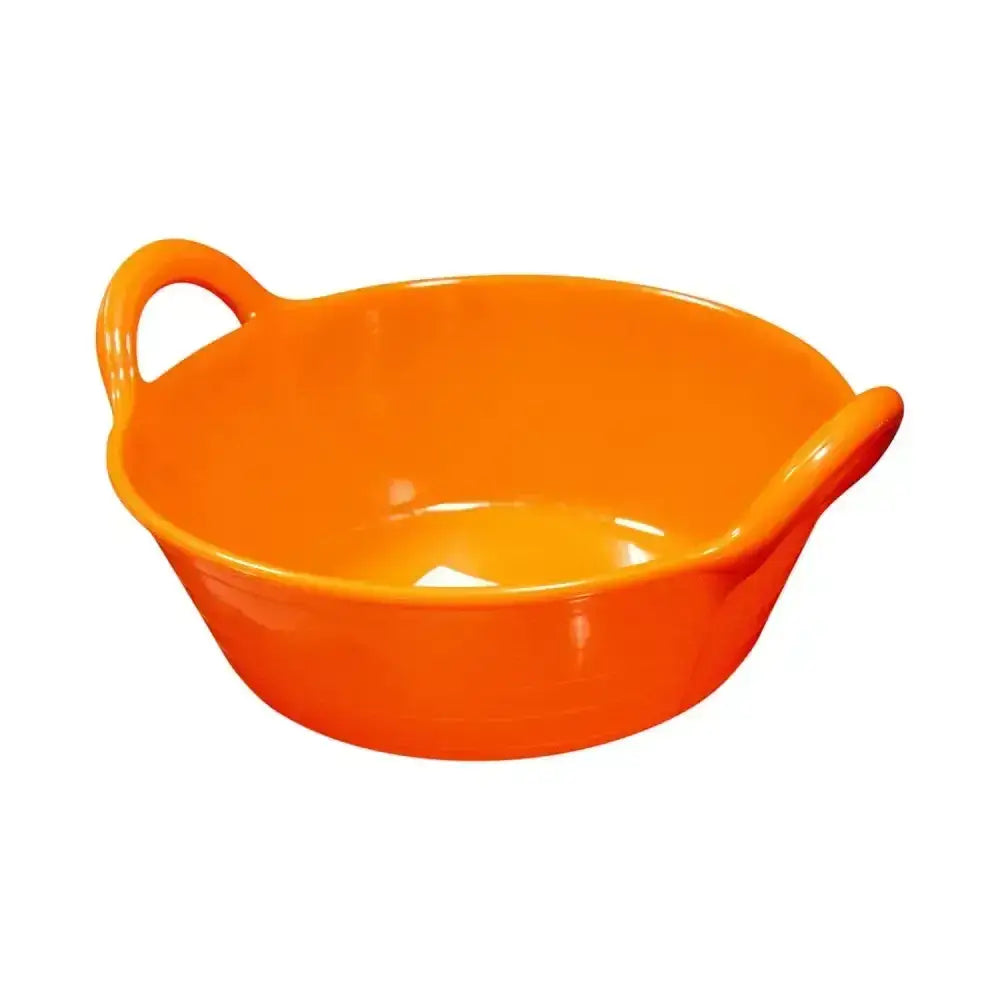 Vibrant orange ceramic plas feed skip small bowl with two integrated handles by red gorilla plas for easy feeding