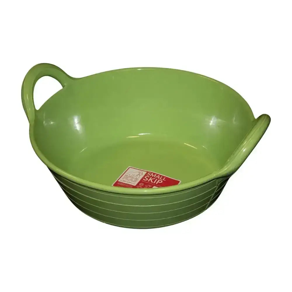 A lime green ceramic baking dish with handles and ridges shown with red gorilla plas feed small plas feed skip