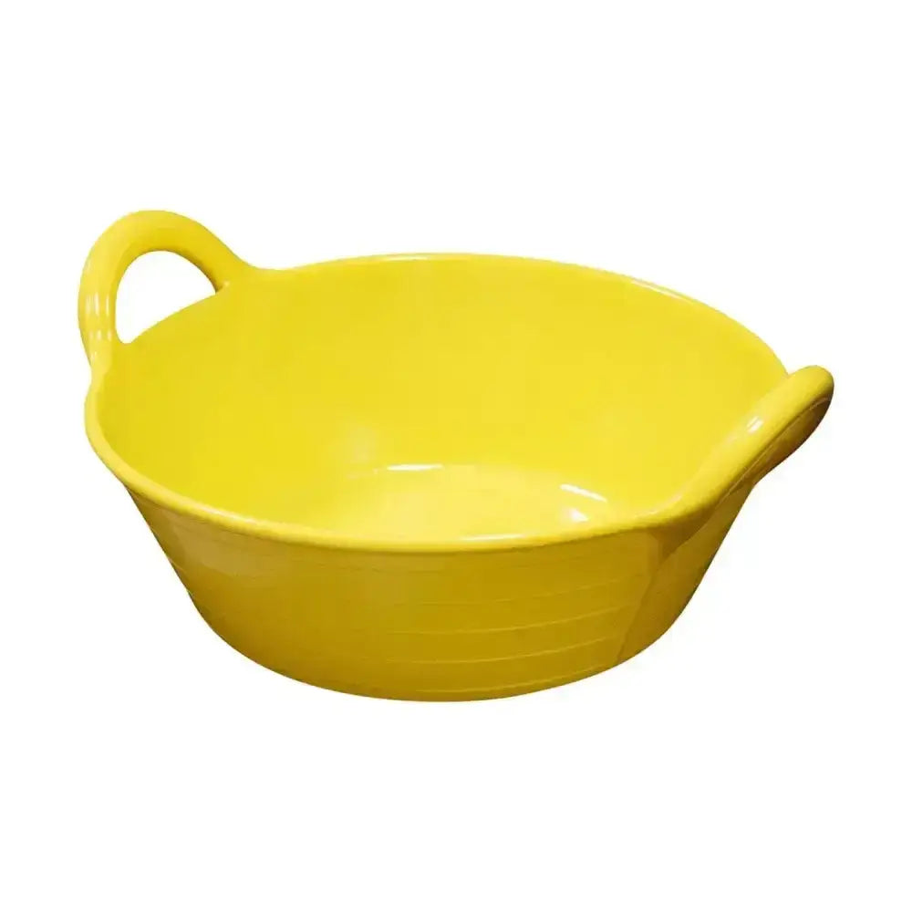 Vibrant yellow ceramic bowl with handles and glossy finish shown with red gorilla plas small coloured plas feed skip