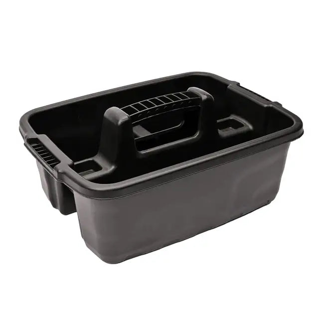 Black plastic tool caddy with integrated handle and side grips from red gorilla plas tote plas tote tray