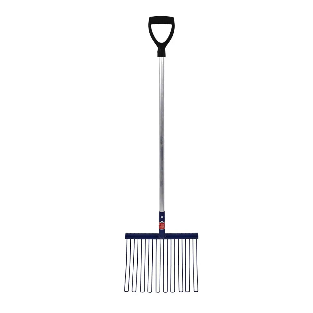 Red gorilla rubber matting fork with blue plastic handle silver metal shaft and black grip for tough rubber matting jobs