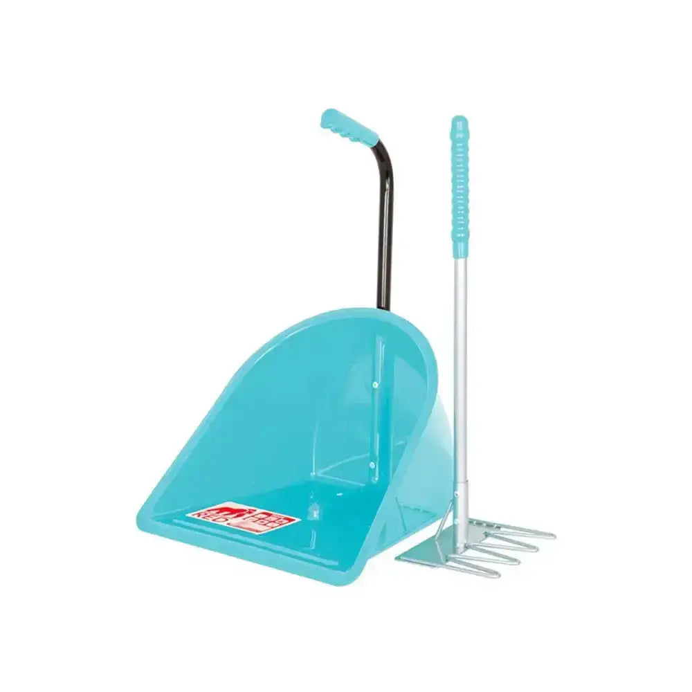 Turquoise plastic garden tool set with dustpan black handle and rake silver tines from red gorilla teenie tidee