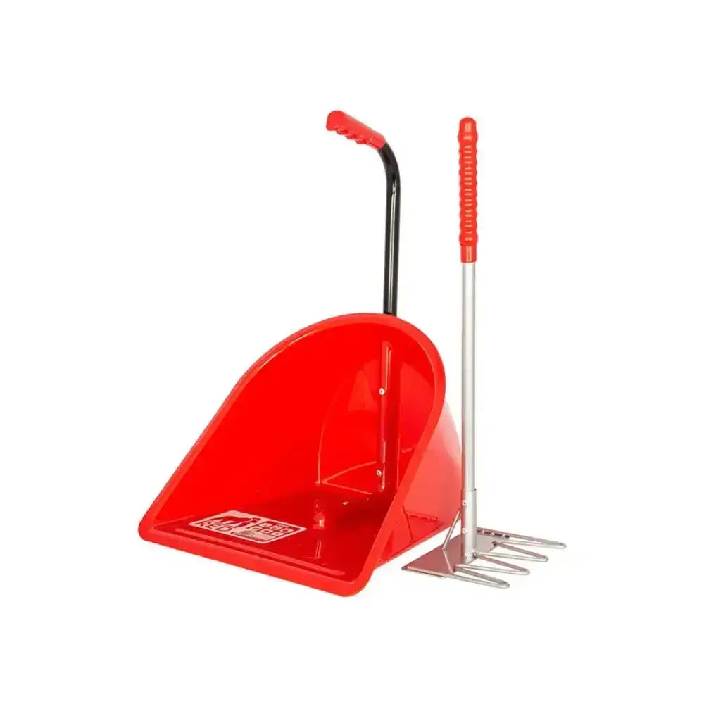 Red gorilla teenie tidee red plastic dustpan with black handle and silver metal rake with red textured handles