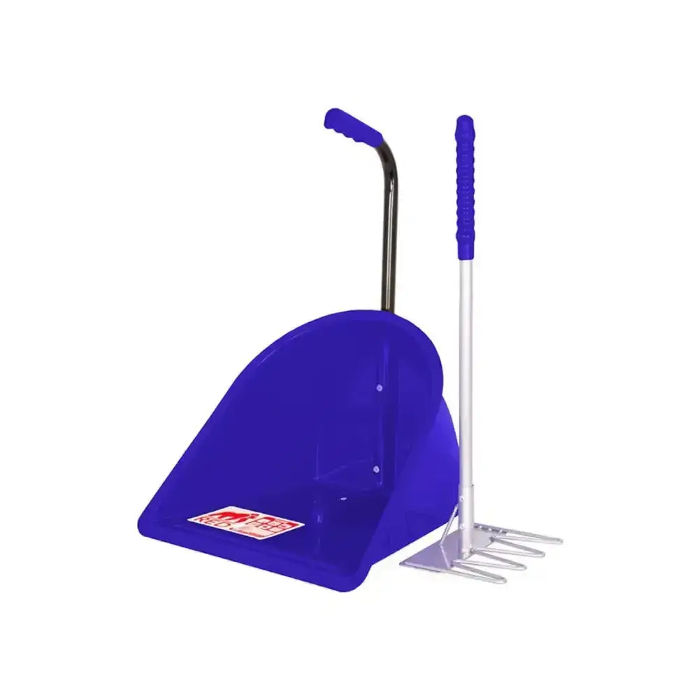 Blue plastic dustpan with black handle and blue grip paired with silver metal rake with textured blue handle for red gorilla teenie tidee