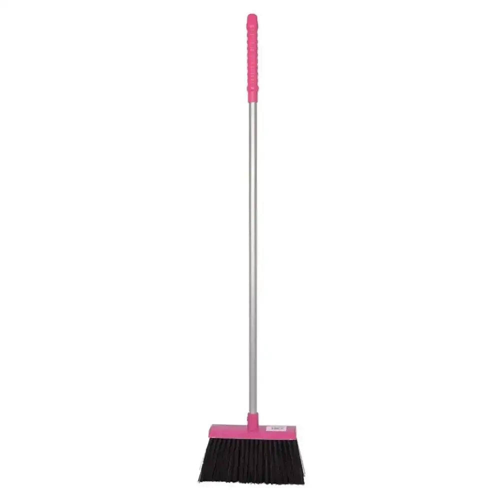 Red gorilla tidee broom with pink comfort grip handles silver metal shaft and black bristles for easy sweeping