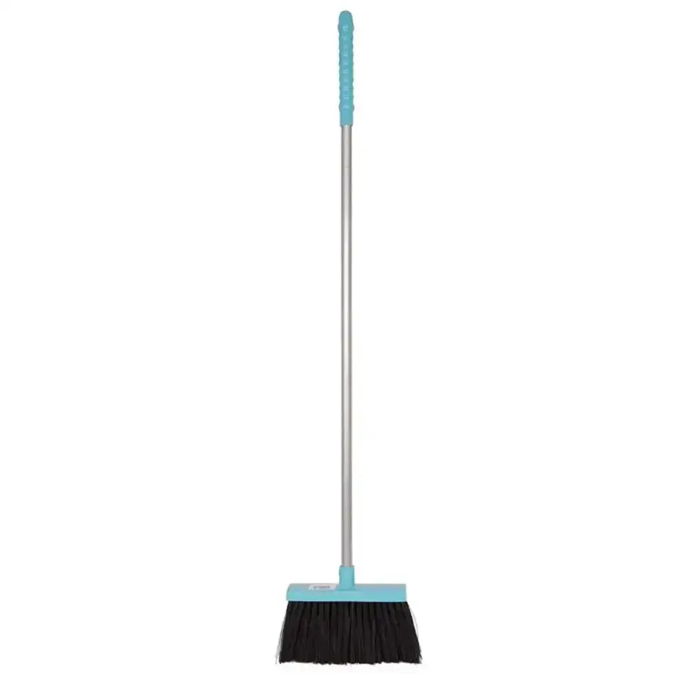 Red gorilla tidee broom with teal comfort grip handles, silver metal shaft, and black bristles for easy sweeping