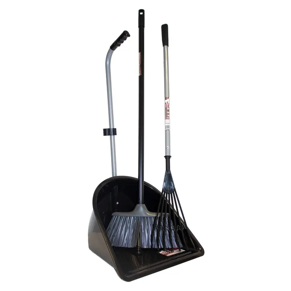 Black plastic dustpan with broom and rake silver handles black bristles in red gorilla tidee companion set black edition