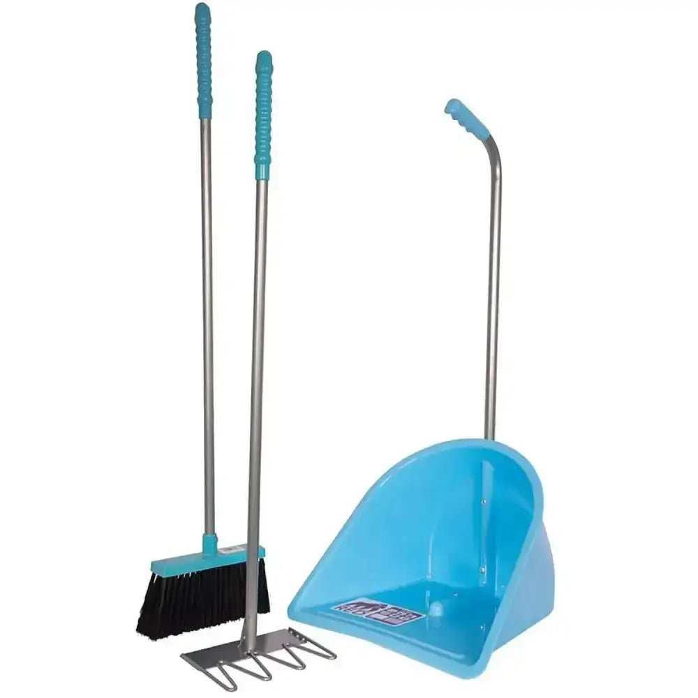 Blue plastic dustpan with curved handle and metallic frame from red gorilla tidee companion set for easy cleanup