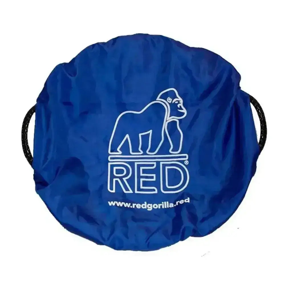 Blue fabric carry bag with white gorilla logo and red branding for red gorilla tubcover feed bucket cover