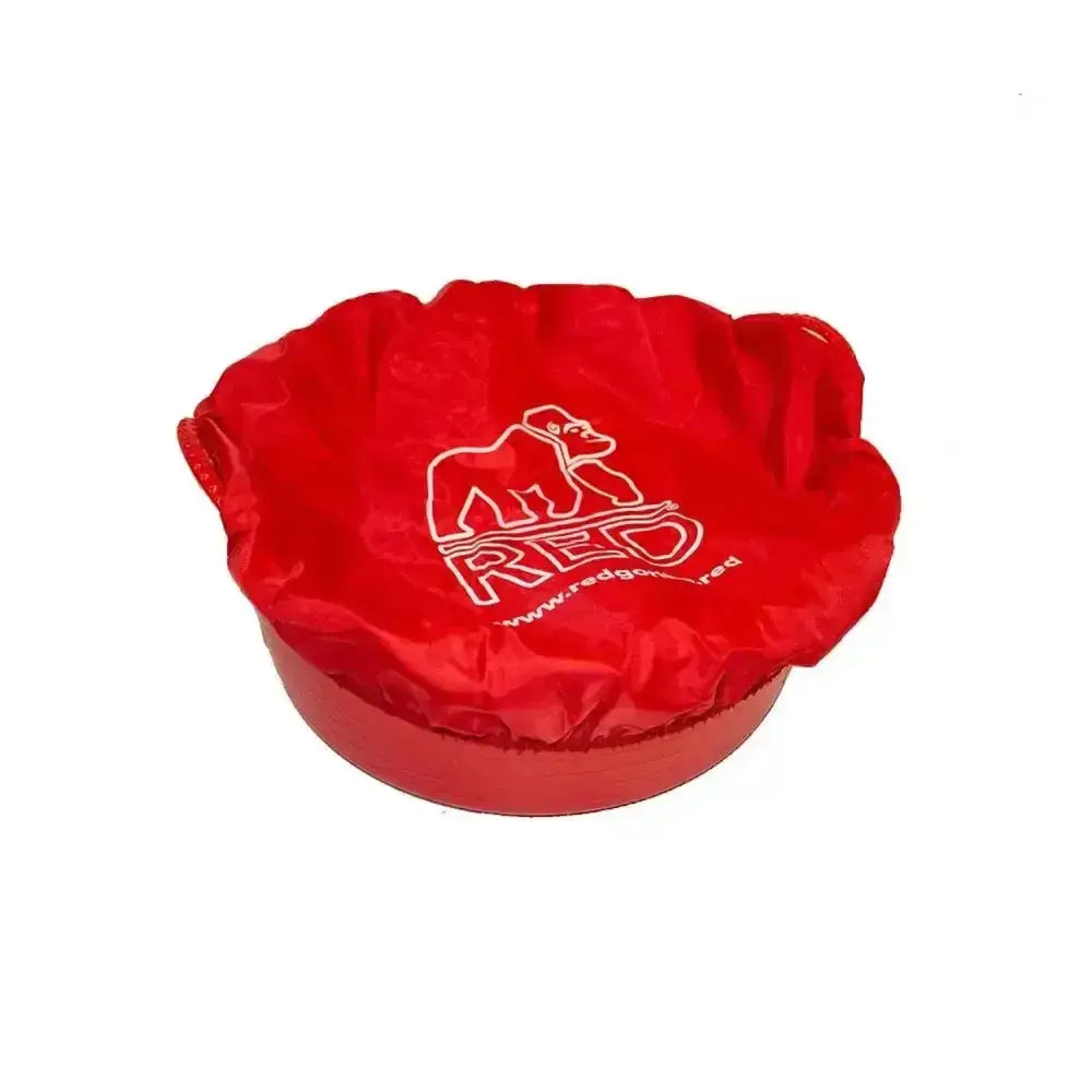 Red silicone feed bucket cover with matching gorilla tubcover fabric lid and red gorilla tubcover branding