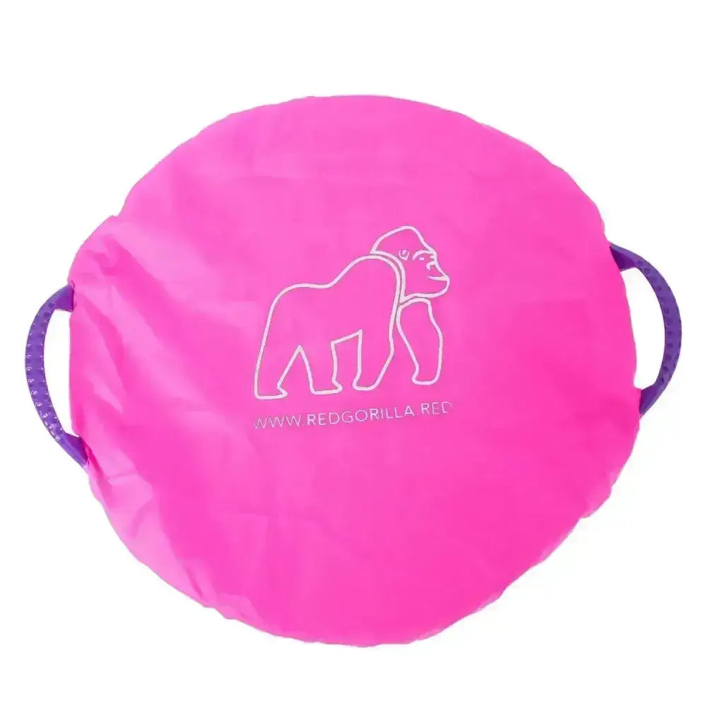 Bright pink circular red gorilla tubcover inflatable pool float with purple handles and white gorilla logo feed bucket cover