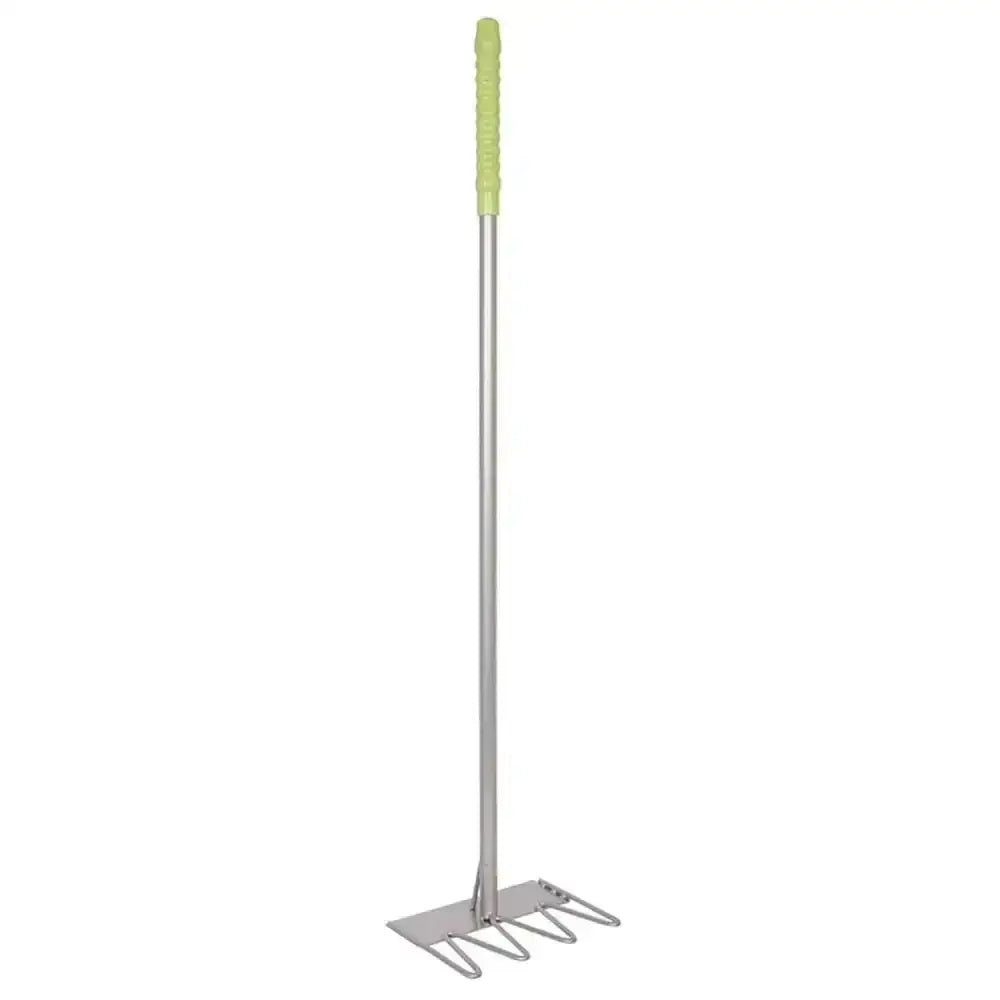 A lime green and silver red gorilla tubtrug tidee rake with textured grip handle for easy garden use