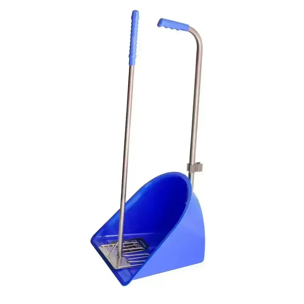 Blue plastic dustpan with metal handle and grip attached to a matching broomstick in red gorilla tubtrug tidee rake mucking set