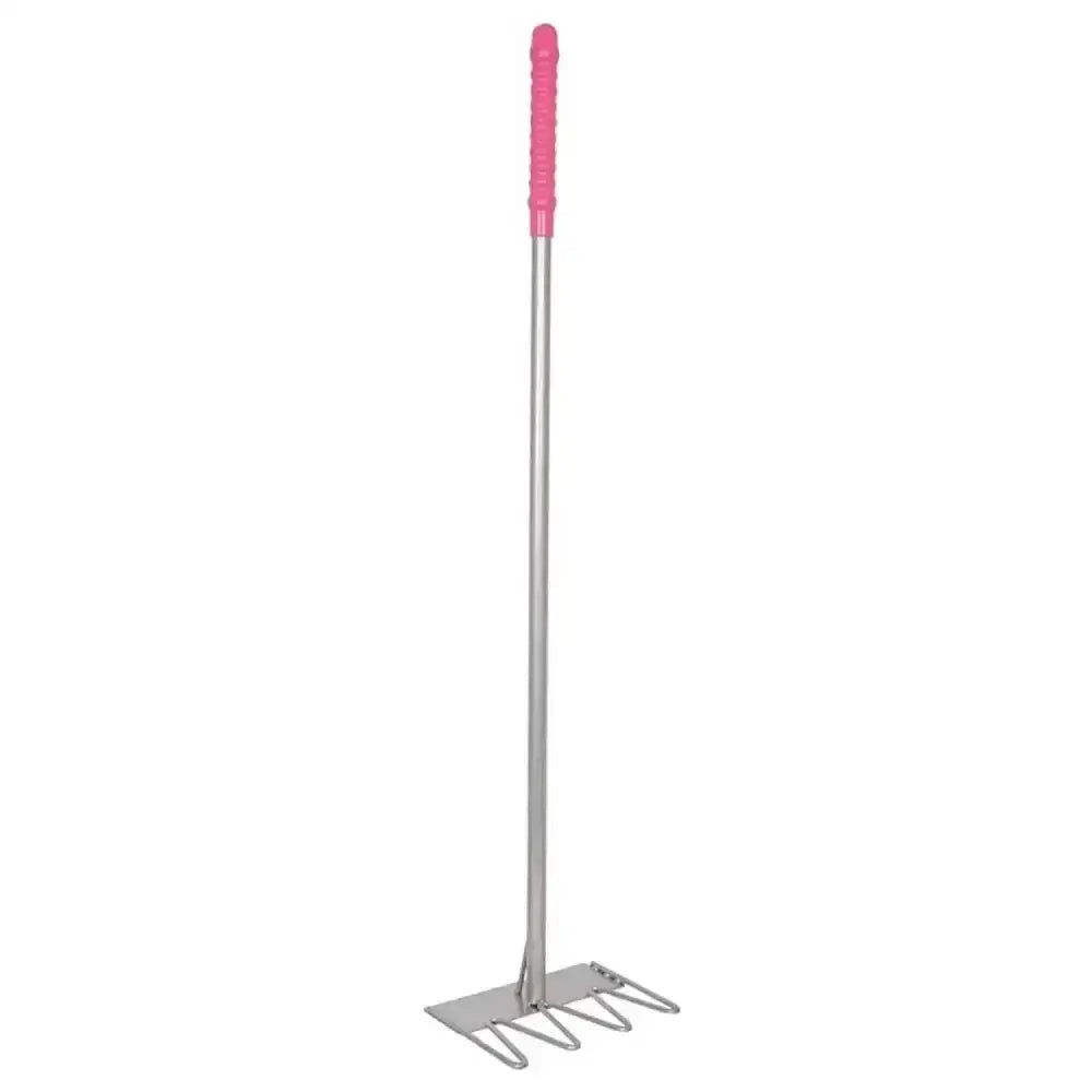 Pink-handled metal garden rake with silver shaft and four tines for red gorilla tubtrug tidee rake use