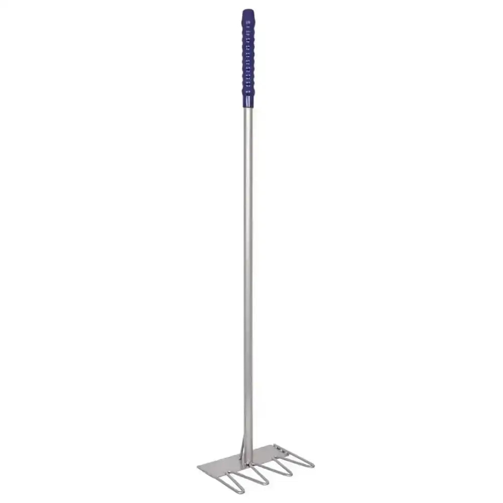 Silver metal garden rake with purple grip handle and four tines from red gorilla tubtrug tidee rake collection