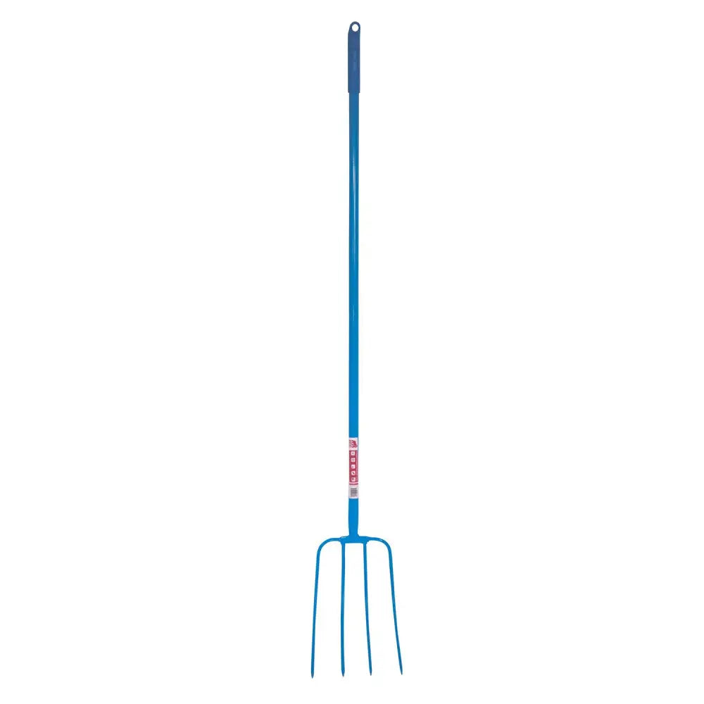 Blue metal tubular manure fork with four tines and looped handle from red gorilla lightweight manure fork line