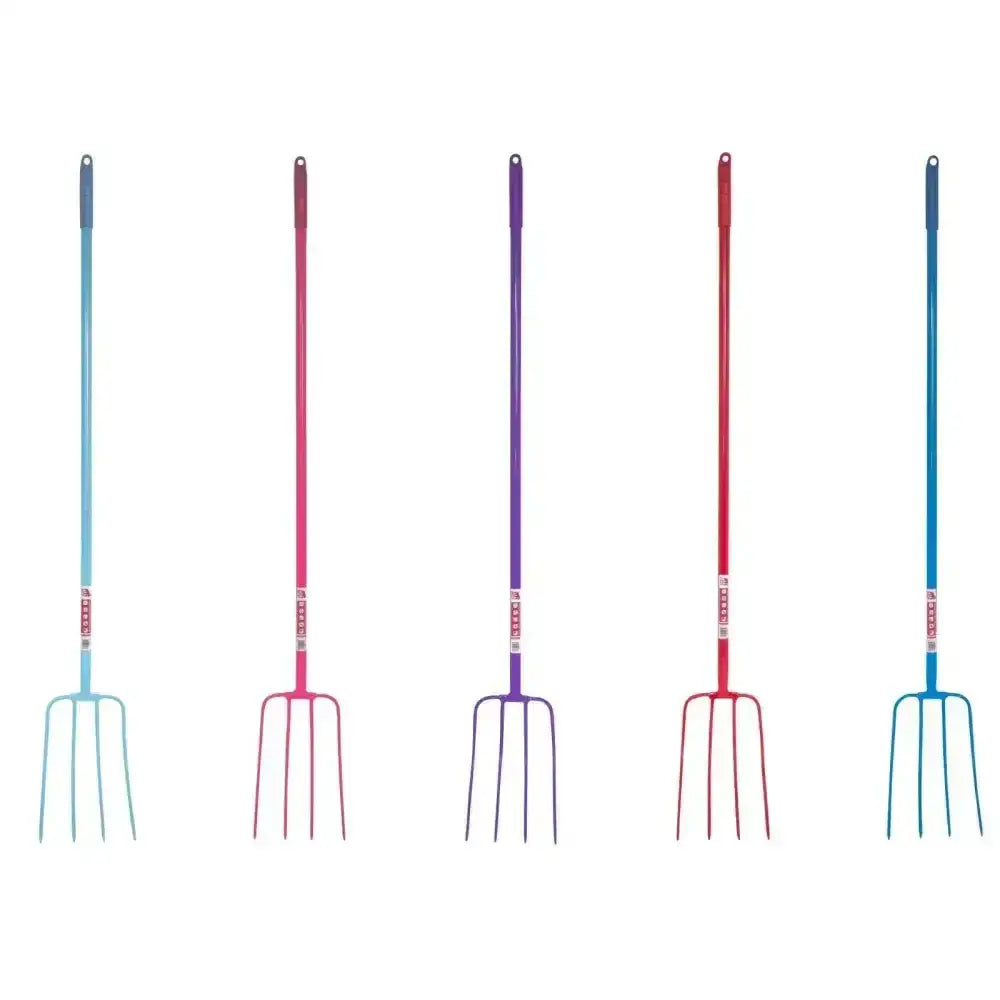 Five colorful lightweight tubular manure forks with long handles including the red gorilla tubular manure fork