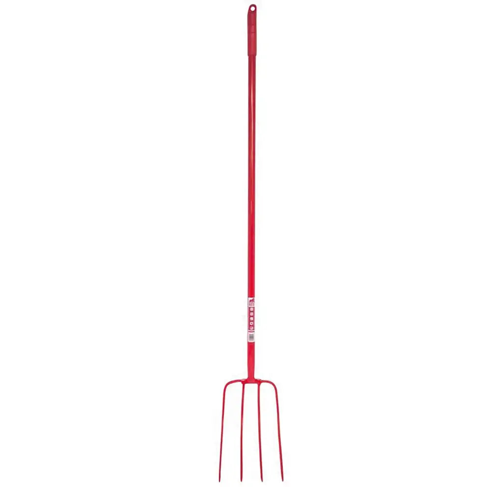 Red gorilla tubular manure fork with four red metal tines and a lightweight 48 inch long shaft handle