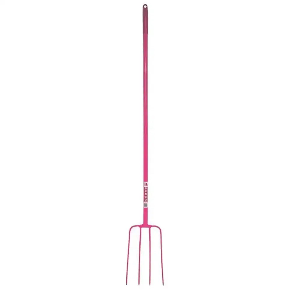 Pink metal lightweight tubular manure fork with four tines and looped handle from red gorilla tubular manure line