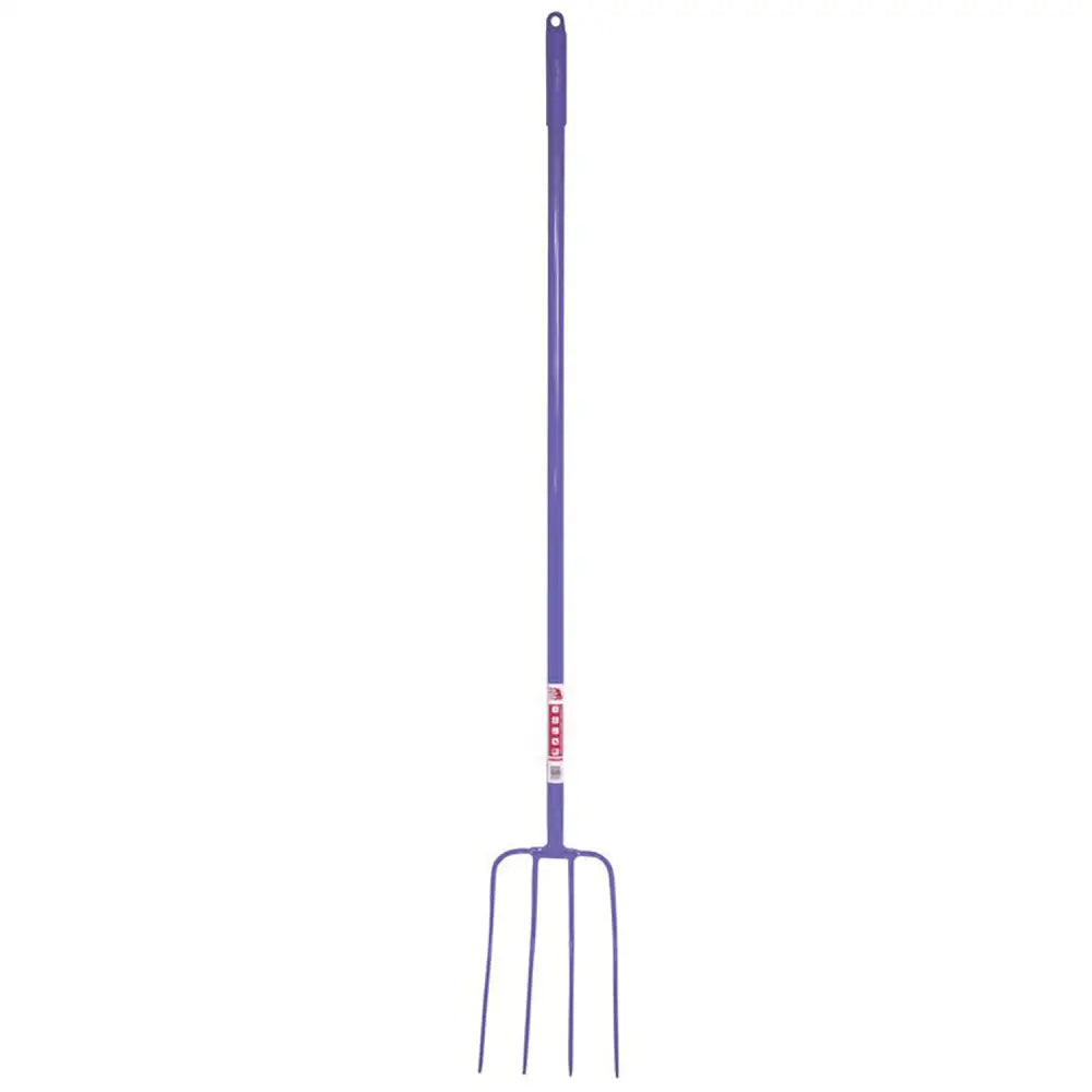 Red gorilla tubular manure fork purple metal with four tines lightweight 48 inch long shaft and looped handle